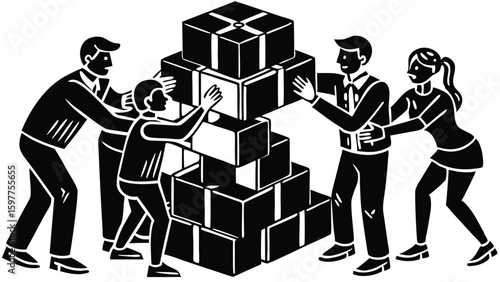 Team of Employees Collaboratively Building a Structure with Colorful Blocks Illustration