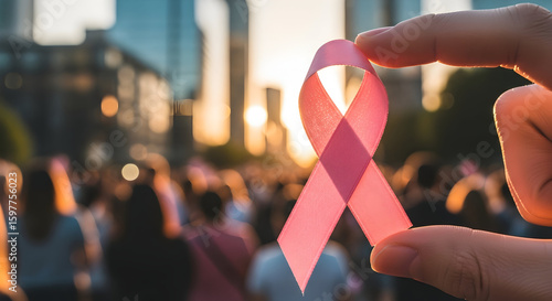 Pink Ribbon Awareness Symbol Held by Hand in Sunset Crowd Supporting Breast Cancer Prevention