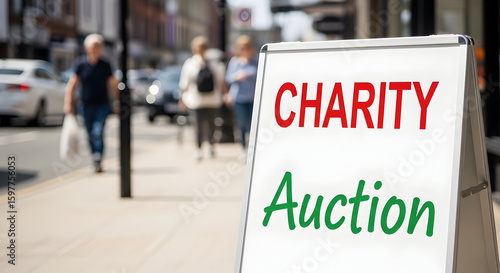 Charity Auction Signboard on Busy Urban Street with Pedestrians