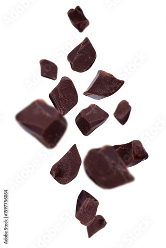 Levitation of chocolate chunks isolated on a transparent background.