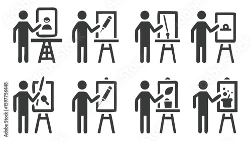 Artistic Expressions Pictogram Set Exploring Creative Processes Depicting Artists at Work with Easels and Various Tools