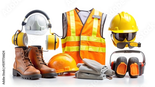 The image showcases an arrangement of construction and safety gear comprising hard hats, boots, a safety vest, gloves and a variety of hearing protection and safety