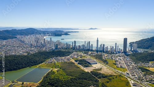 Aerial view of Balneário Camboriú skyline with mountains and ocean in Santa Catarina, Brazil.