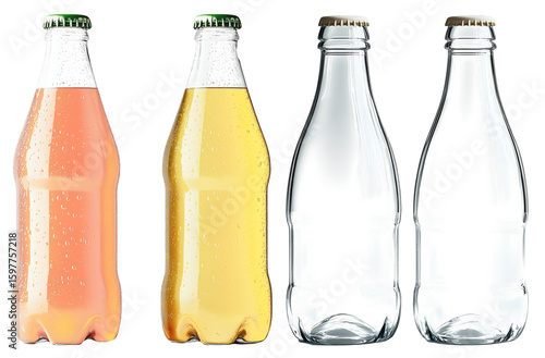 Fresh and vibrant soft drink bottles in orange and yellow colors, alongside two empty transparent bottles, create refreshing visual appeal.Isolated on transparent background