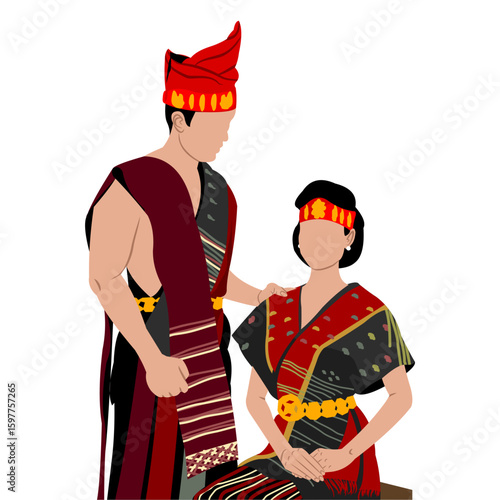 Vector illustration of a bride and groom wearing traditional Batak Toba clothing