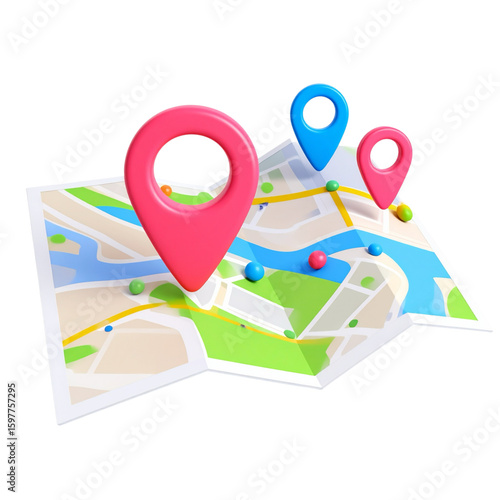 Three location pins of different colors are placed on a cartoon map with roads, rivers, and green areas.
