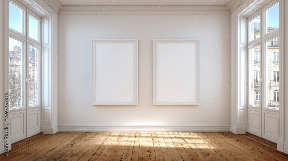 Fototapeta premium Empty room with two blank canvases
