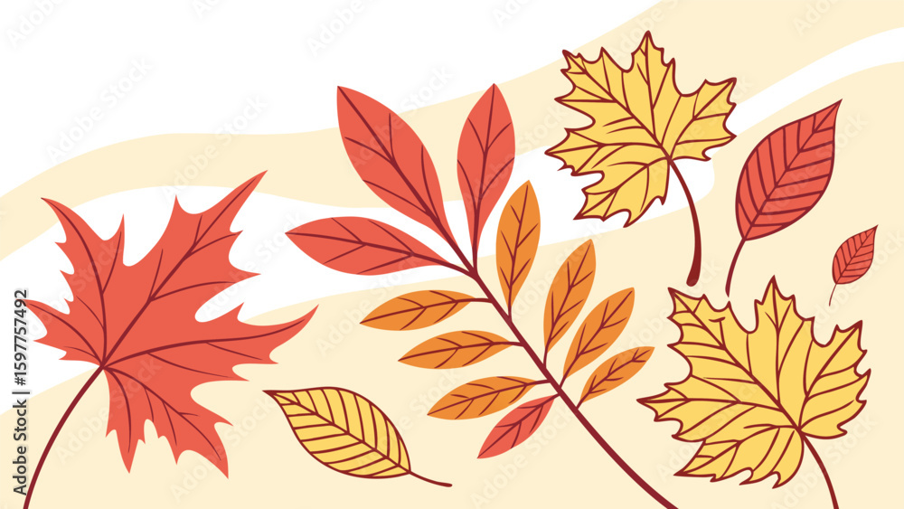 Obraz premium A vibrant collection of stylized autumn leaves in warm red orange and yellow hues set against a soft cream and beige background with gentle wavy lines