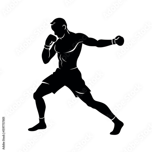 Boxer in aggressive fighting position ready to strike silhouette Art Vector illustration