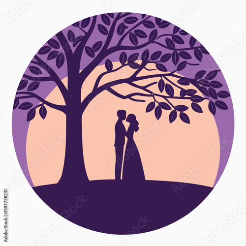 Romantic couple kissing silhouette under a tree isolated on white background