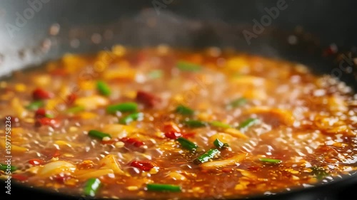 Wallpaper Mural Delicious Sauce Sizzling in Wok: A close-up shot captures the vibrant colors and textures of a delicious sauce as it bubbles and sizzles in a hot wok, evoking the excitement of culinary creation. Torontodigital.ca