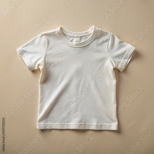 A plain, cream-colored t-shirt mockup lies flat on a neutral beige background