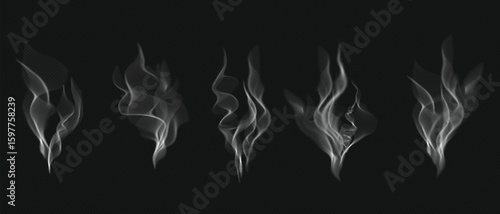 Vector wavy mist, hot meal steam, cigarette fume, haze, and genuine white fire smoke on a black background with a sky overlay effect.  Coffee, tea, or water 