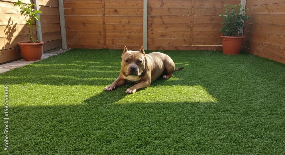 custom made wallpaper toronto digitalpocket bully pit | A relaxed pit bull dog lounging on vibrant artificial grass in a sunny backyard, surrounded by wooden fencing and potted plants, enjoying a peaceful afternoon