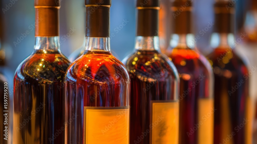 Close-up of wine bottle row, glass reflections, amber liquid tones, elegant beverage presentation.
Close-up of wine bottle row, glass reflections, amber liquid tones, elegant beverage presentation.