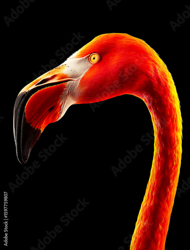 Majestic Pink Flamingo Portrait with Bright Feathers and Long Neck and Big Beak on Black Background. Exotic Bird Detail, Wildlife Photography. Ornithology. Artistic Wildlife.