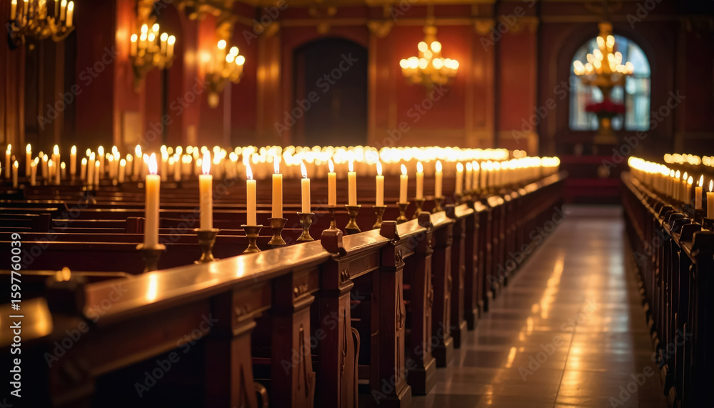 Obraz premium A serene church interior illuminated by softly lit candles creating a peaceful setting for secret admirers and reflection