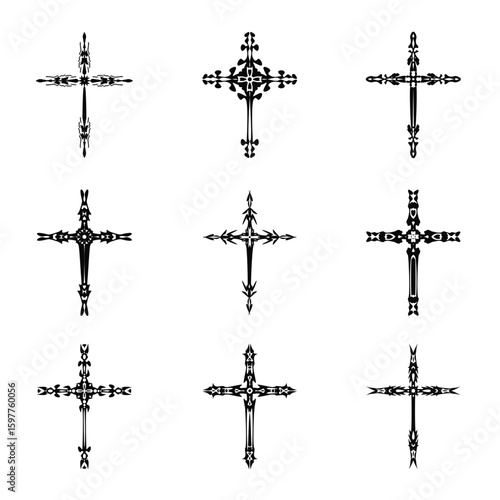 Christian cross vector icon symbols.  Abstract christian religious belief or faith art illustration for orthodox or catholic design. The symbol of the cross in various designs used in tattoo.
