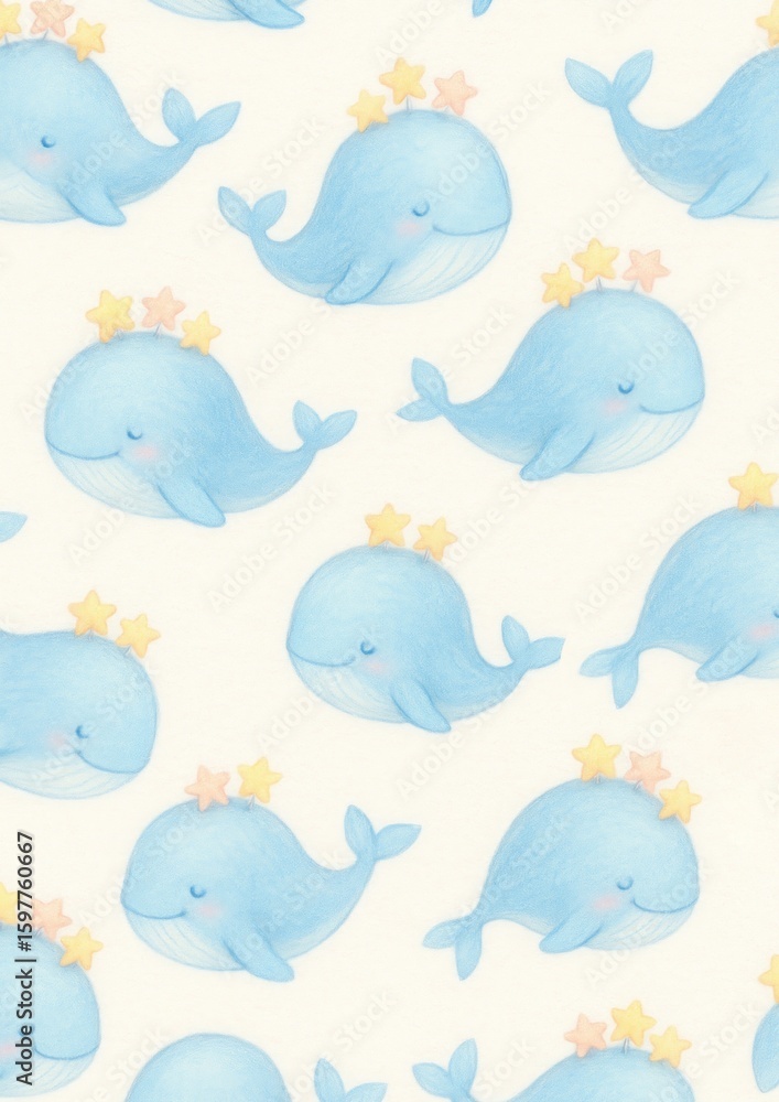 Fototapeta premium Whimsical blue whales pattern.