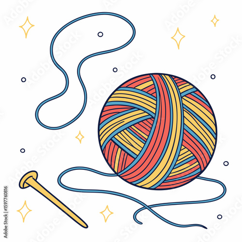 Colorful yarn ball with loose thread and knitting needle craft hobby