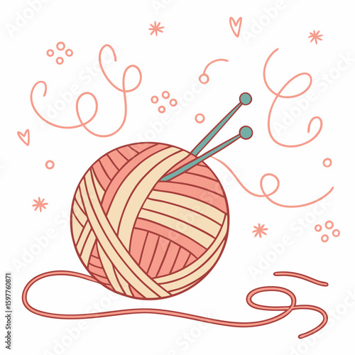 Coral yarn ball with knitting needles and loose thread cream teal