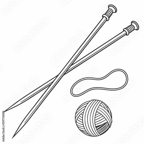 Double pointed knitting needles yarn and loop ball of yarn