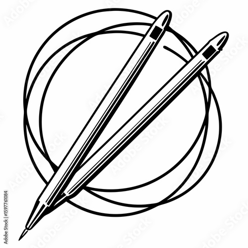 Knitting needles crossed within a circular frame craft hobby