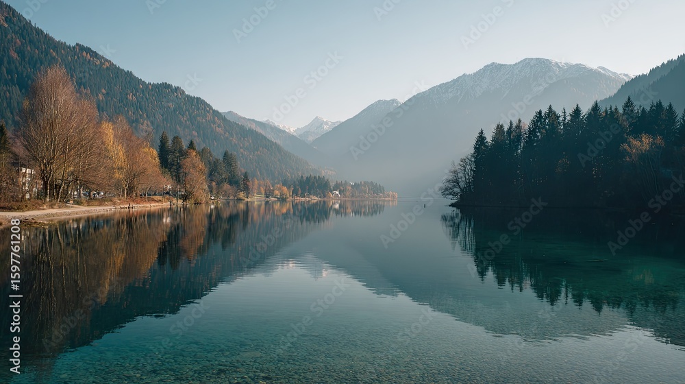 Naklejka premium Calm lake reflecting mountains and trees in a peaceful landscape.