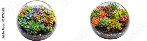 A glass terrarium filled with vibrant succulents, pebbles, and soil, showcasing a variety of colors and textures in a spherical container