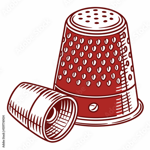 Red thimble and cap on white sewing needlework