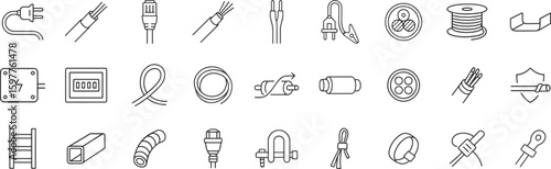 Electrical cable and wire components including plugs, connectors, trays and protective accessories, vector illustration. Cable types such as fiber optic, coaxial and armored in outline icon set.