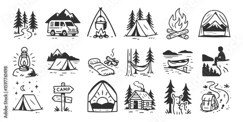 Camping adventure doodle icon set. Cute hand drawn sketch illustrations of tent, fire, backpack, cabin, canoe, hammock. Black and white cartoon art for outdoor forest travel.