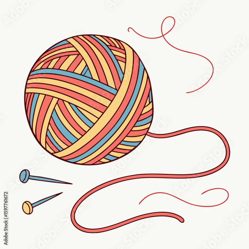Striped yarn ball with loose thread and knitting needles vector