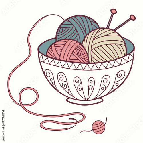 Yarn bowl with knitting needles and balls of yarn pink yarn teal yarn