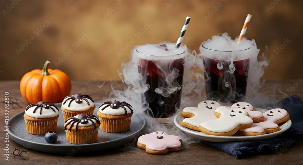 Naklejka premium Halloween treats and drinks: cupcakes with chocolate drizzle, ghost-shaped cookies, a pumpkin, and spooky beverages with dry ice fog, arranged on a table aga...