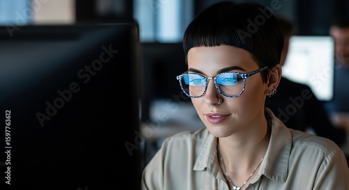 Focused woman in glasses working late at a computer screen with blue light reflection