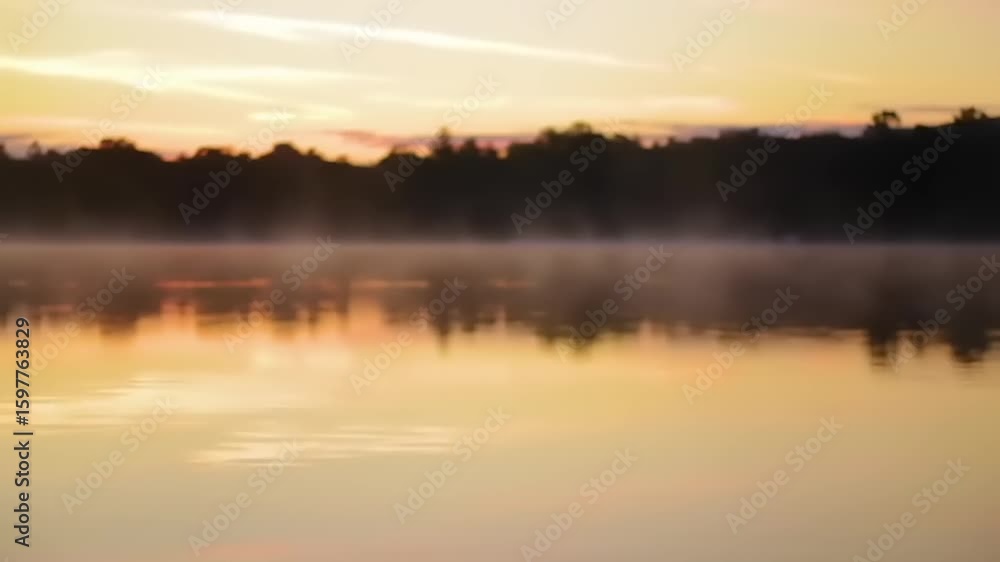 Serene sunset over a calm lake with mist rising, surrounded by trees and soft clouds in the sky Serene sunset over a calm lake with mist rising, surrounded by trees and soft clouds in the sky