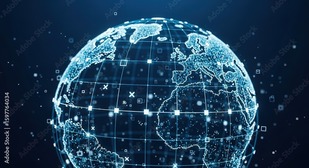 Fototapeta premium Digital globe network connecting continents with blue lights and data streams