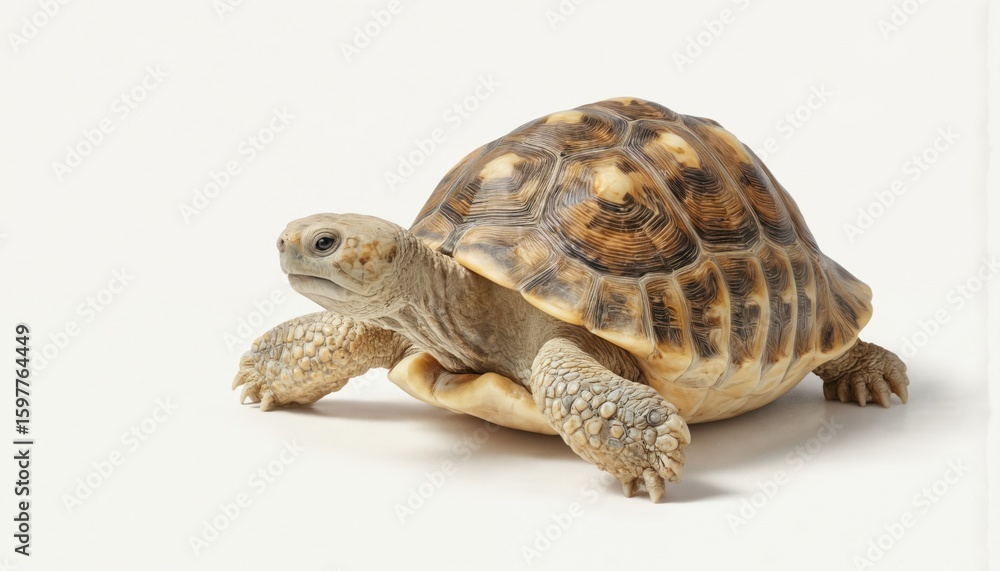 Obraz premium Baby tortoise walking on white background. Small reptile with detailed shell scales. Cute creature moving slowly, showcasing natural wildlife and conservation themes. Adorable animal, exotic species.