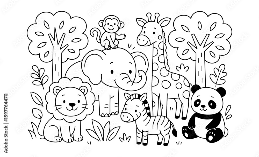 Fototapeta premium Cute animal coloring page featuring jungle friends in a forest scene