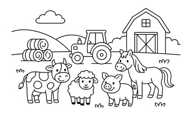 Canvas schilderij Boerderij Farm scene coloring page with barn, tractor, and animals for kids  © 123levit