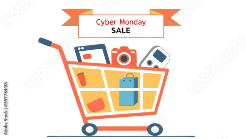 Cyber monday sale shopping cart filled with electronics and gift bags representing online deals and e commerce promotions