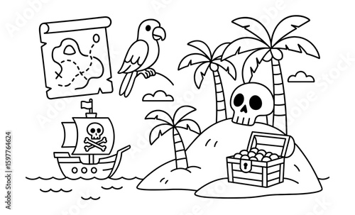 Pirate adventure elements: treasure map, ship, parrot, skull, island scene