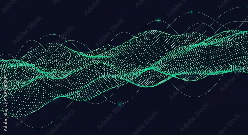 Fototapeta premium Abstract flowing green digital wave pattern composed of countless tiny particles on a dark background