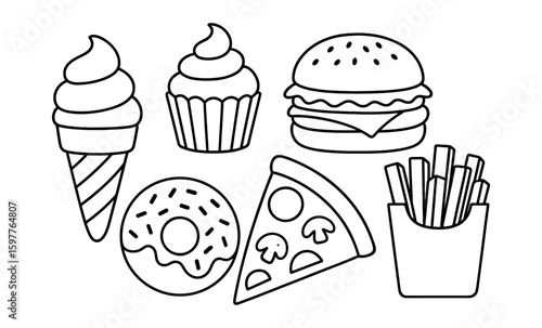 Monochrome fast food icons featuring ice cream, burger, and pizza