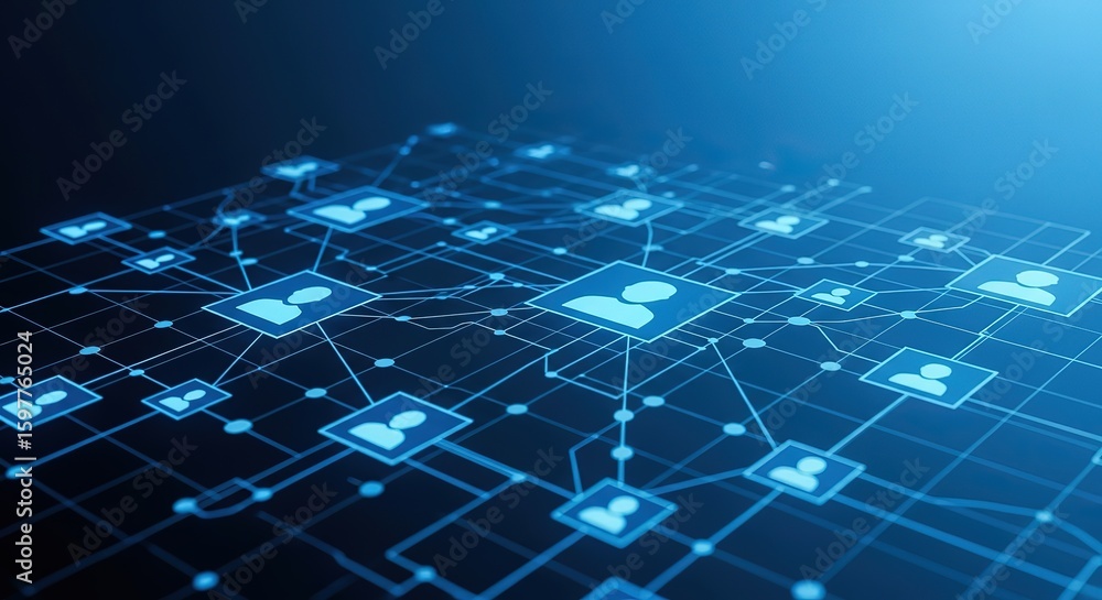 Obraz premium Digital network connecting abstract human profiles with glowing blue lines and nodes on a dark background