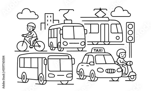 Urban transportation options in line art featuring bikes, buses, taxis, and trains