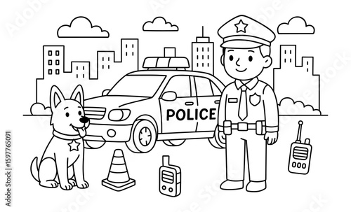 Black and white police officer and dog in city scene with patrol car and walkie talkies