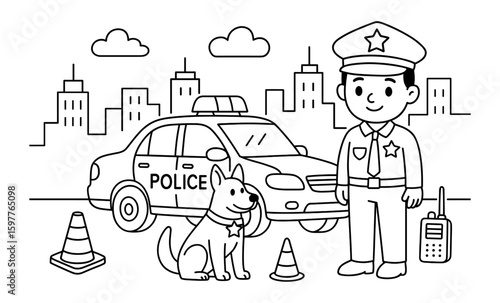 Police officer and dog in cityscape with police car and cones in line art style