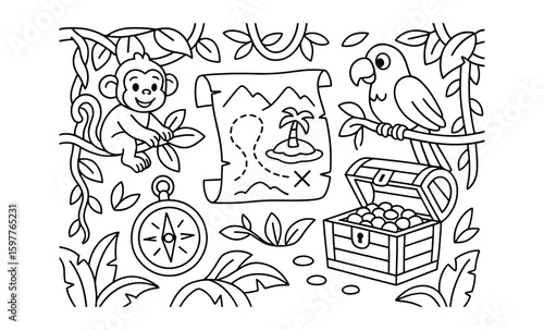 Jungle adventure coloring page with treasure map and cute animals